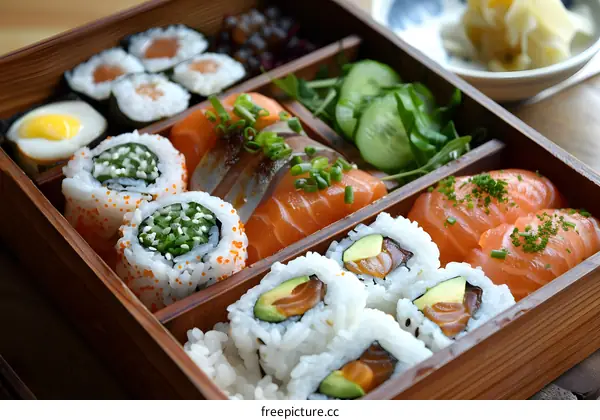 A delicious and healthy Japanese bento box with salmon avocado roll, cucumber salad and egg