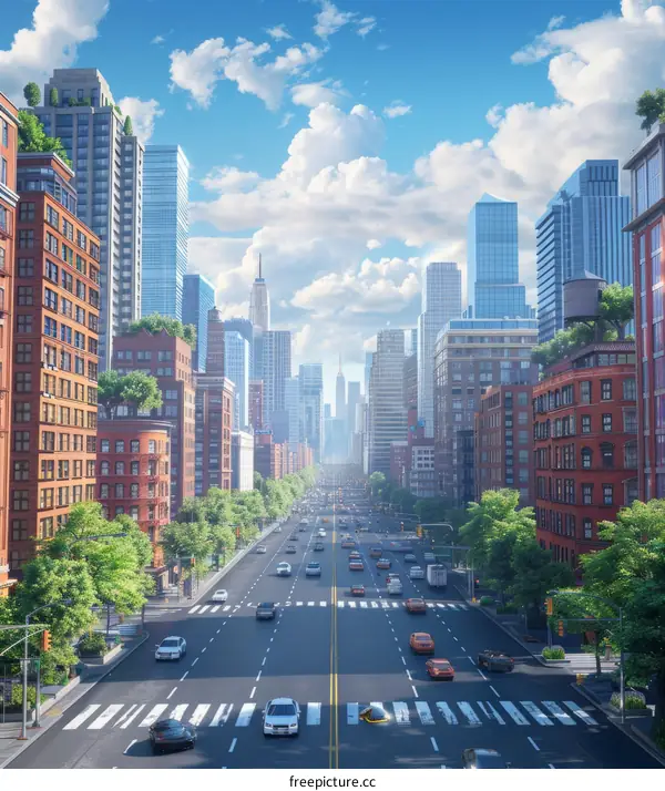 City Street with Skyscrapers and Traffic