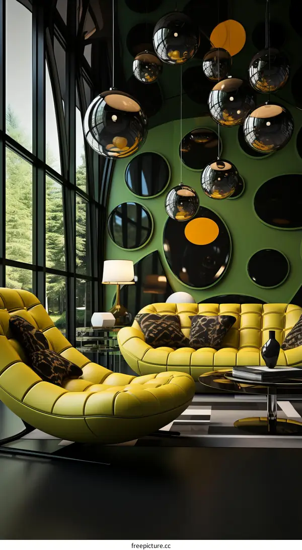 Modern living room interior design with yellow leather sofa and green wall