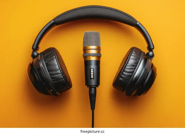 Studio Headphones and Microphone Set on Orange Background