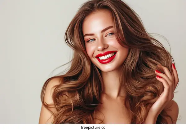 Beautiful young smiling woman with long brown hair and red lipstick