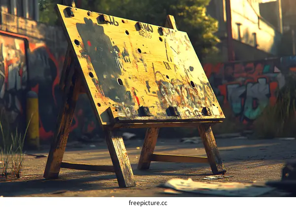 Wooden Easel With Graffiti In Urban Setting
