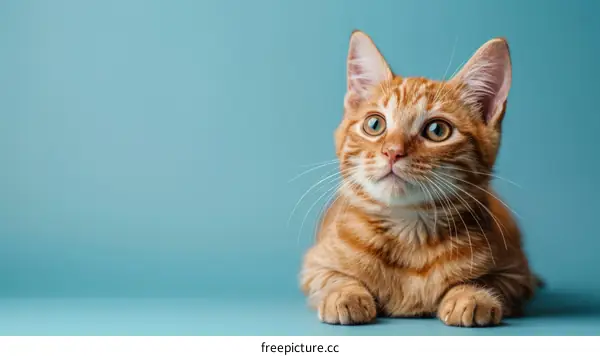 A ginger cat is sitting on a blue table