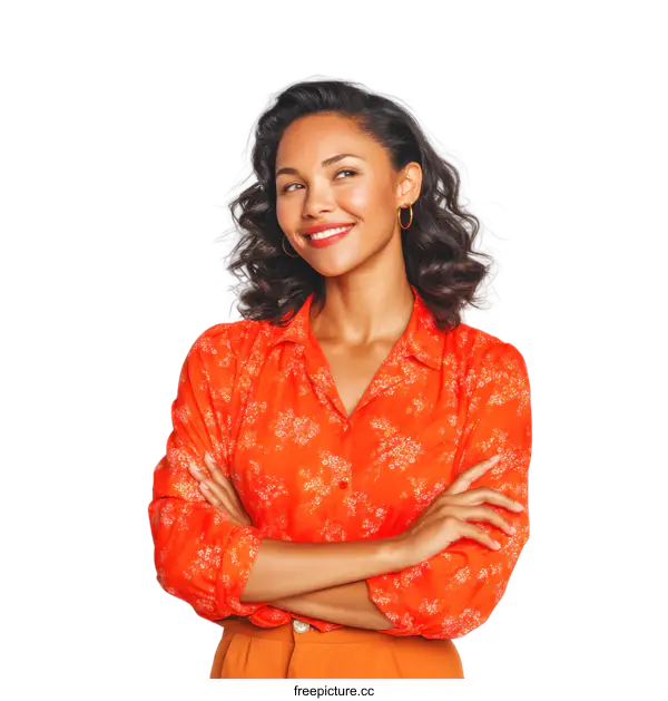 [Transparent Background PNG]Confident Woman in Vibrant Orange Shirt