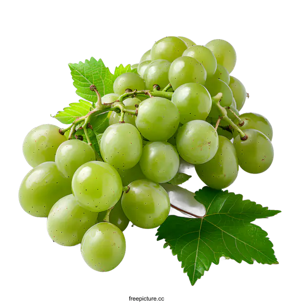 [Transparent Background PNG]A bunch of green grapes with leaves on a white background