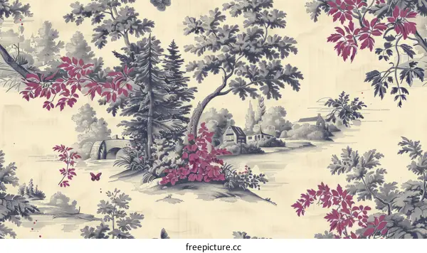 Vintage Style Botanical Wallpaper with Trees and Butterflies