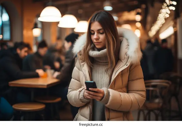 Young woman in a beige puffer jacket using her smartphone in a crowded restaurant