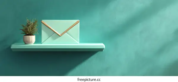 Mint Green Shelf Decor with Envelope and Plant