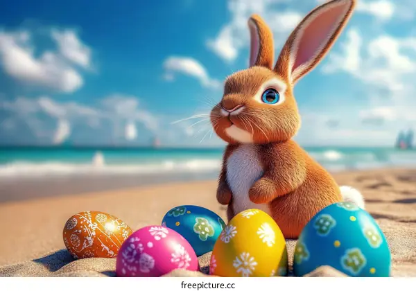 Cute Easter Bunny on the Beach with Colorful Eggs