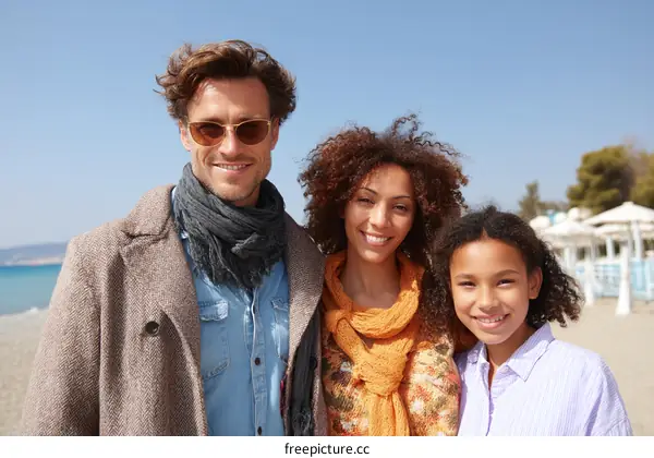 Three people standing on beach with clear blue sky in background