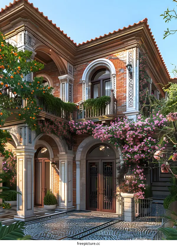 Vintage Brick Building with Arched Entrance and Flower Vines