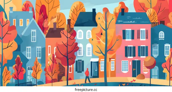 Fall in a Colorful Town with Man Walking