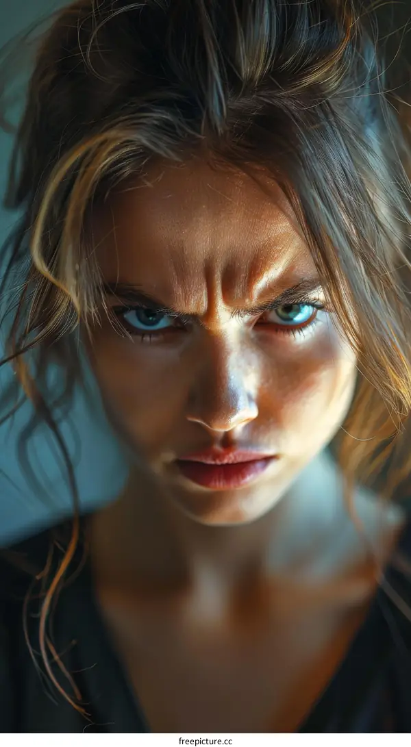 Close-up Portrait of a Caucasian Woman with Intense Expression