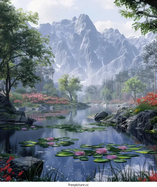 Tranquil Mountain Lake with Blooming Flowers and Lush Trees