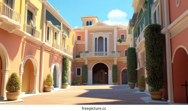 Colorful European Style Courtyard Illustration