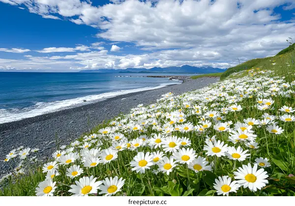 White Flowers Blooming on the Coastline