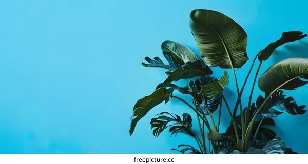 Tropical Green Leaves on Blue Wall