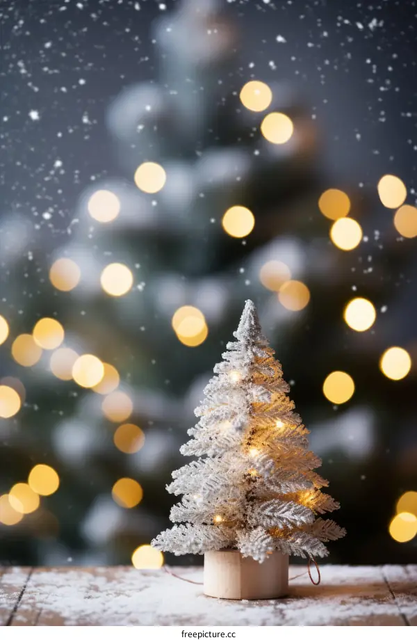 A Small Artificial Christmas Tree Sits in Front of a Snowy Forest