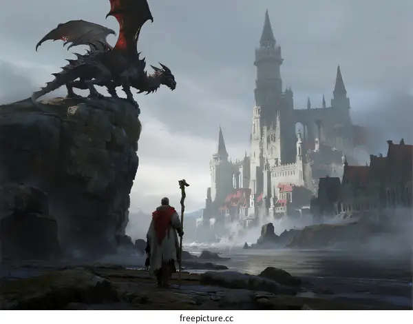 Epic Dragon Standing on Rock with Ancient Castle in Misty Background