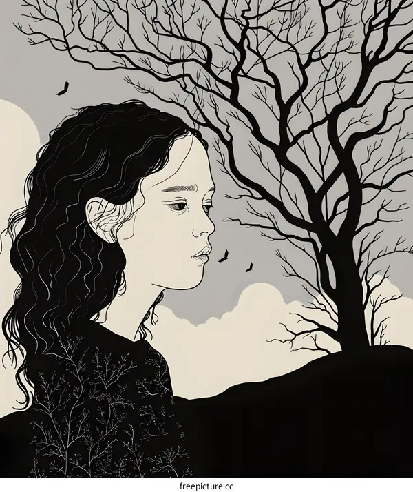 Black and White Illustration of a Girl and a Tree