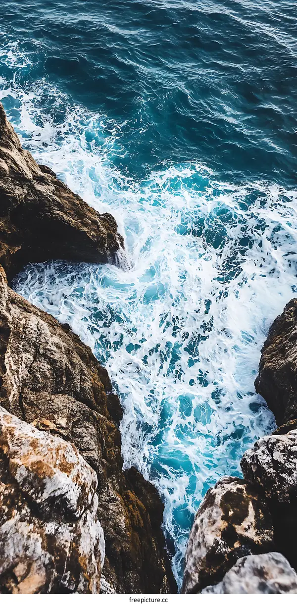 Aerial View of Ocean Waves Crashing on Rocks