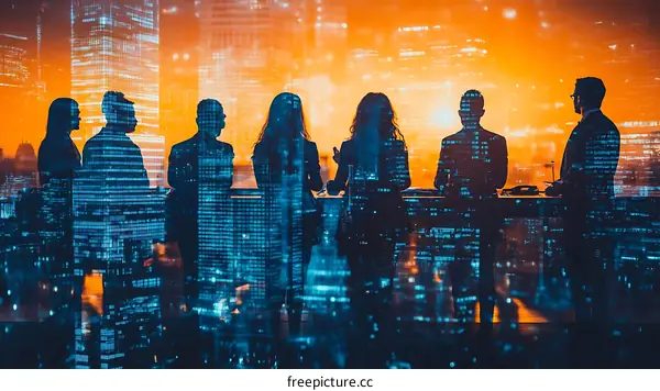 Silhouette Group Meeting Over City Skyline