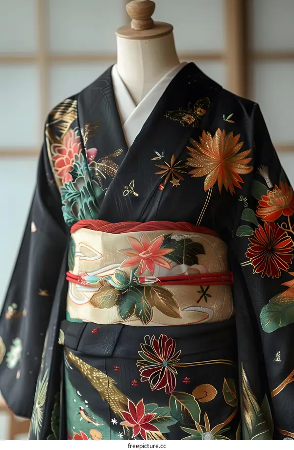 A kimono with a floral pattern and a golden obi
