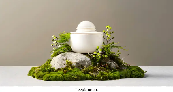 White Deodorant on a Bed of Moss with Stone and Green Plants