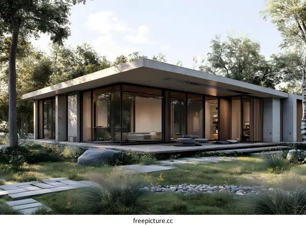 Modern Minimalist Concrete House With Large Windows And Green Landscape