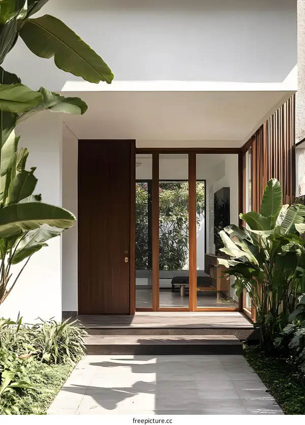 Modern Minimalist House Entrance with Wooden Doors and Tropical Plants