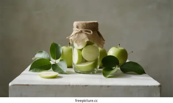 Fresh Green Apples Sliced in Glass Jar with Leaves