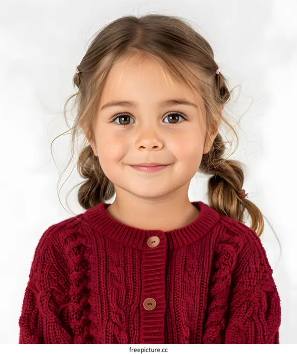 Portrait of a happy little girl with brown hair wearing a red sweater