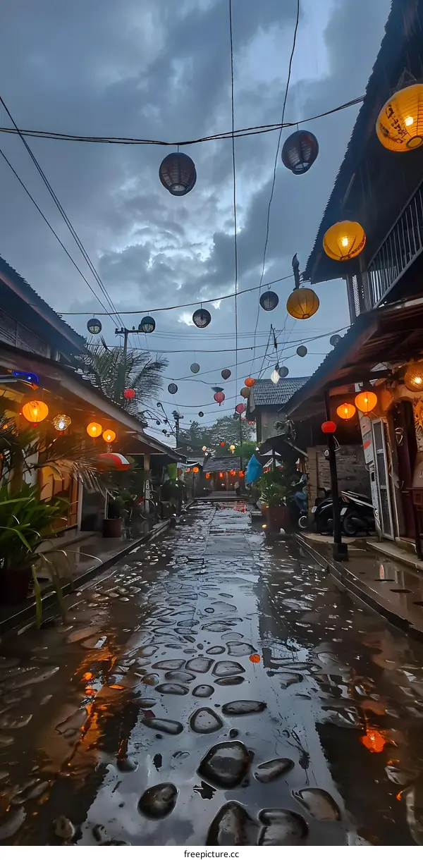 Street with colorful paper lanterns at night in Hoi An, Vietnam