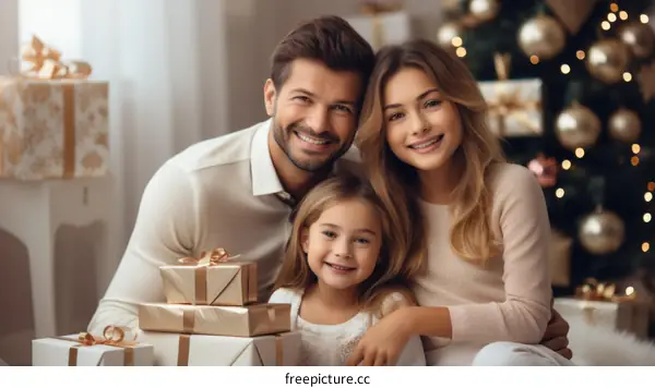 Family of three celebrating Christmas