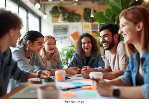 A group of diverse young professionals laughing and enjoying their work in a creative office space