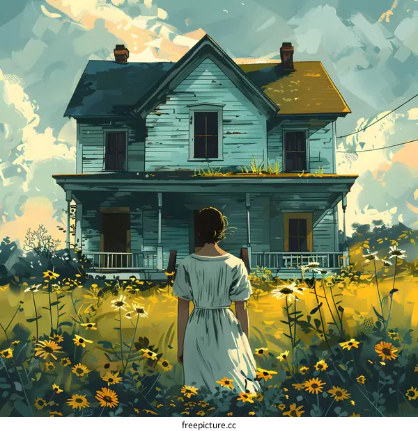 Woman Standing In Front Of Abandoned House