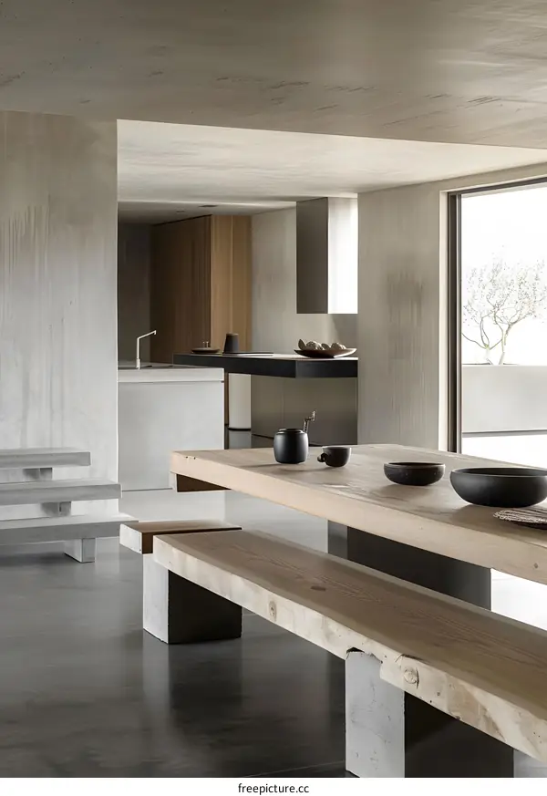 Modern Minimalist Dining Room Interior Design With Concrete Walls And Wooden Table