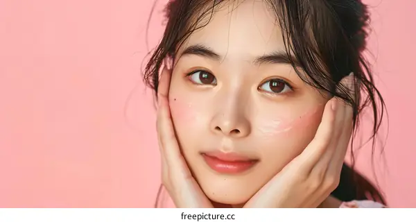 Young Asian Woman with Pink Skin Care Mask