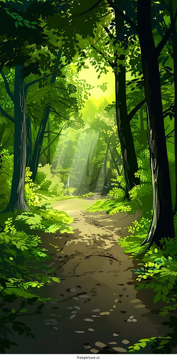 Green Forest Path Sunlight Illustration