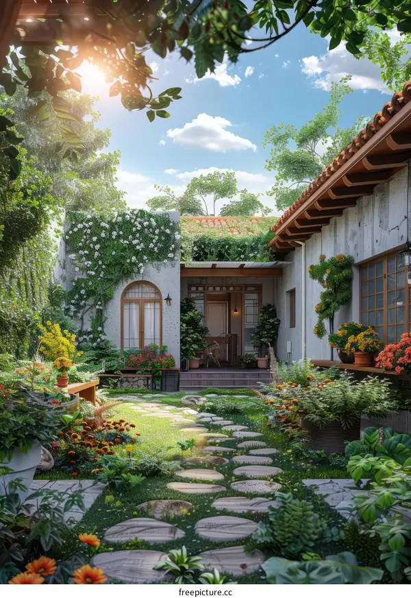 Stone Path Leading to a House in a Beautiful Garden