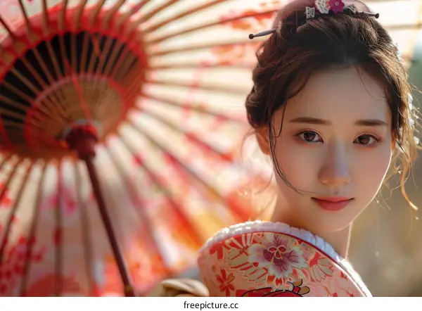 Portrait of a beautiful Japanese woman in traditional kimono with red umbrella
