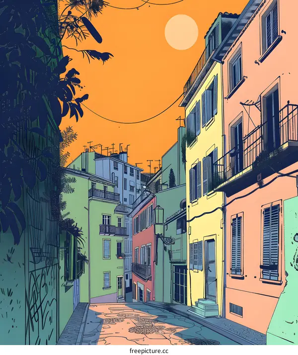 Colorful Street Buildings in Europe at Sunset