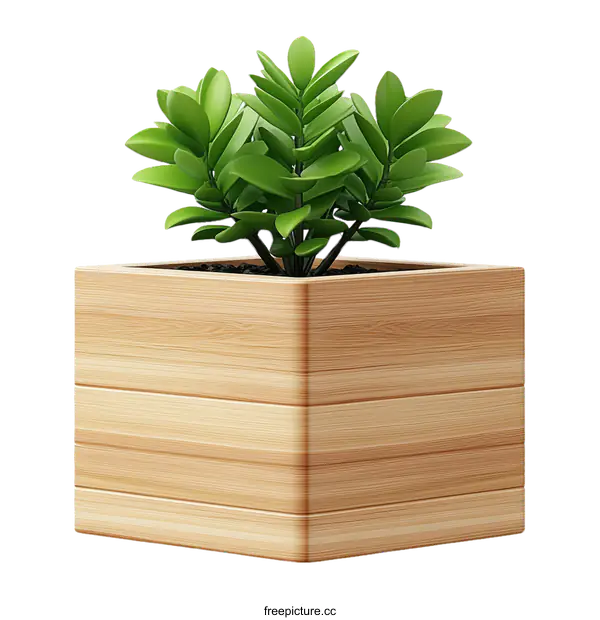 [Transparent Background PNG]Wooden Planter with Greenery