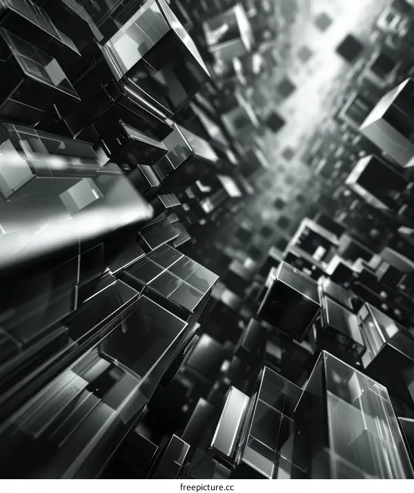Black and white 3D rendering of a city made of glass skyscrapers.