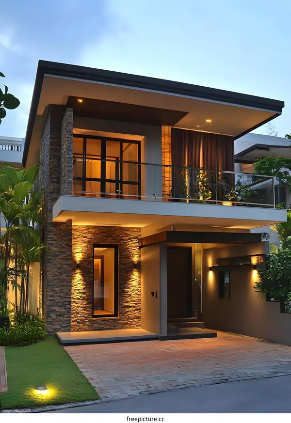Modern Two Story House with Stone Facade and Balcony