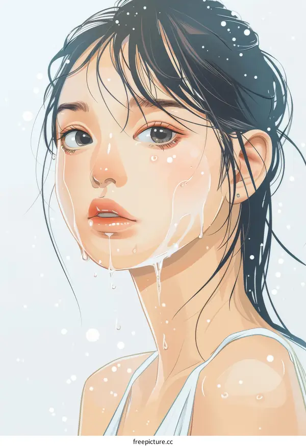 A girl with wet hair and a white shirt