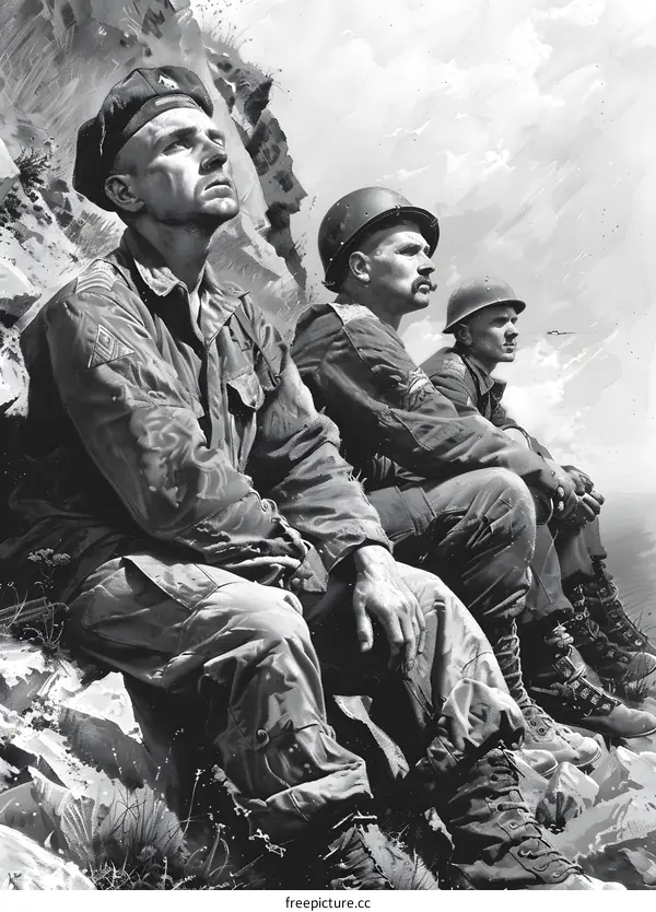 Three soldiers sitting on a rock looking out at the sea