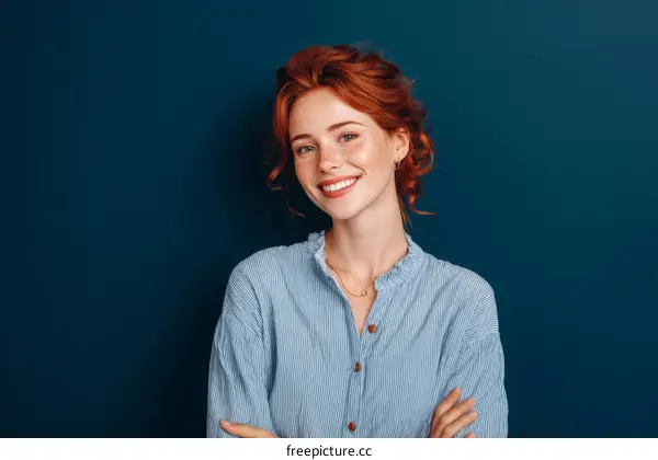 Smiling Woman in Light Blue Shirt