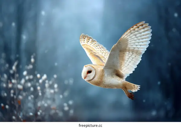Snowy Owl in Flight Through Winter Woods