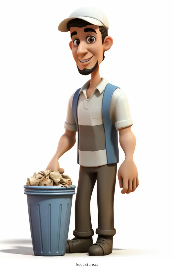 Smiling man with a trash can full of papers